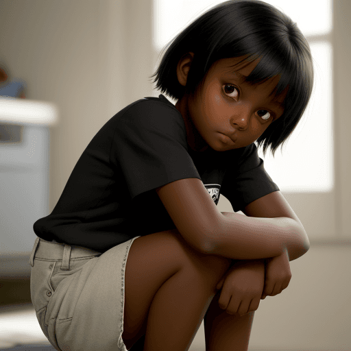 AI generated: girl, dark skin, short black shirt, little legs, 12 years old,