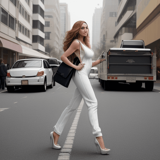 AI generated: The image features a woman which looks like Vanessa Willner, walking down a city street, dressed in ...
