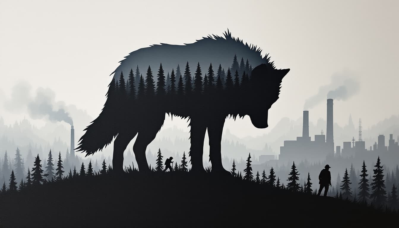 AI generated: oil painting, cardboard like silhouette of a wolf, head down, low tail, background factories, big ch...