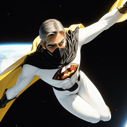 AI generated: george clooney is wearing a white bodysuit with a wispy yellow cape, black mask connecting to his re...
