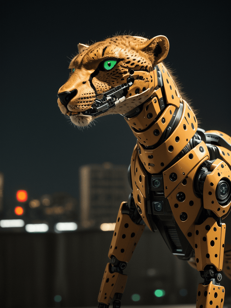 AI generated:  a robotic cheetah, bright lights, night time, cinematic lighting, battered, medium angle, 8k, hyper...