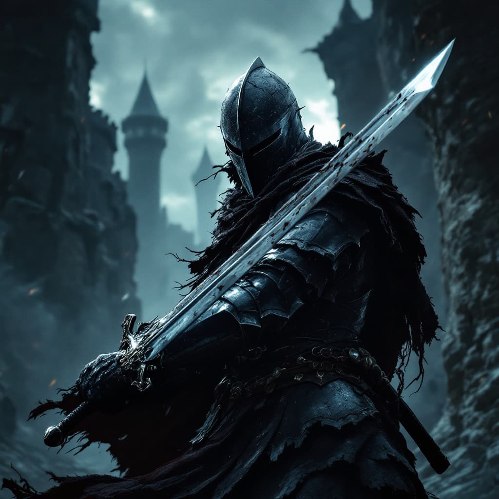 AI generated: A brave sword man defending a castle in the dark holding his sword in a defensive stance with a dram...