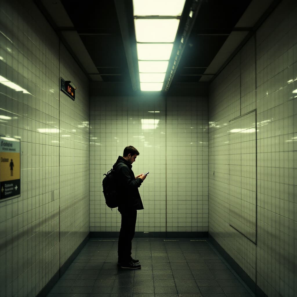 AI generated: create an image of a person standing alone in a subway station, under a single bright fluorescent li...