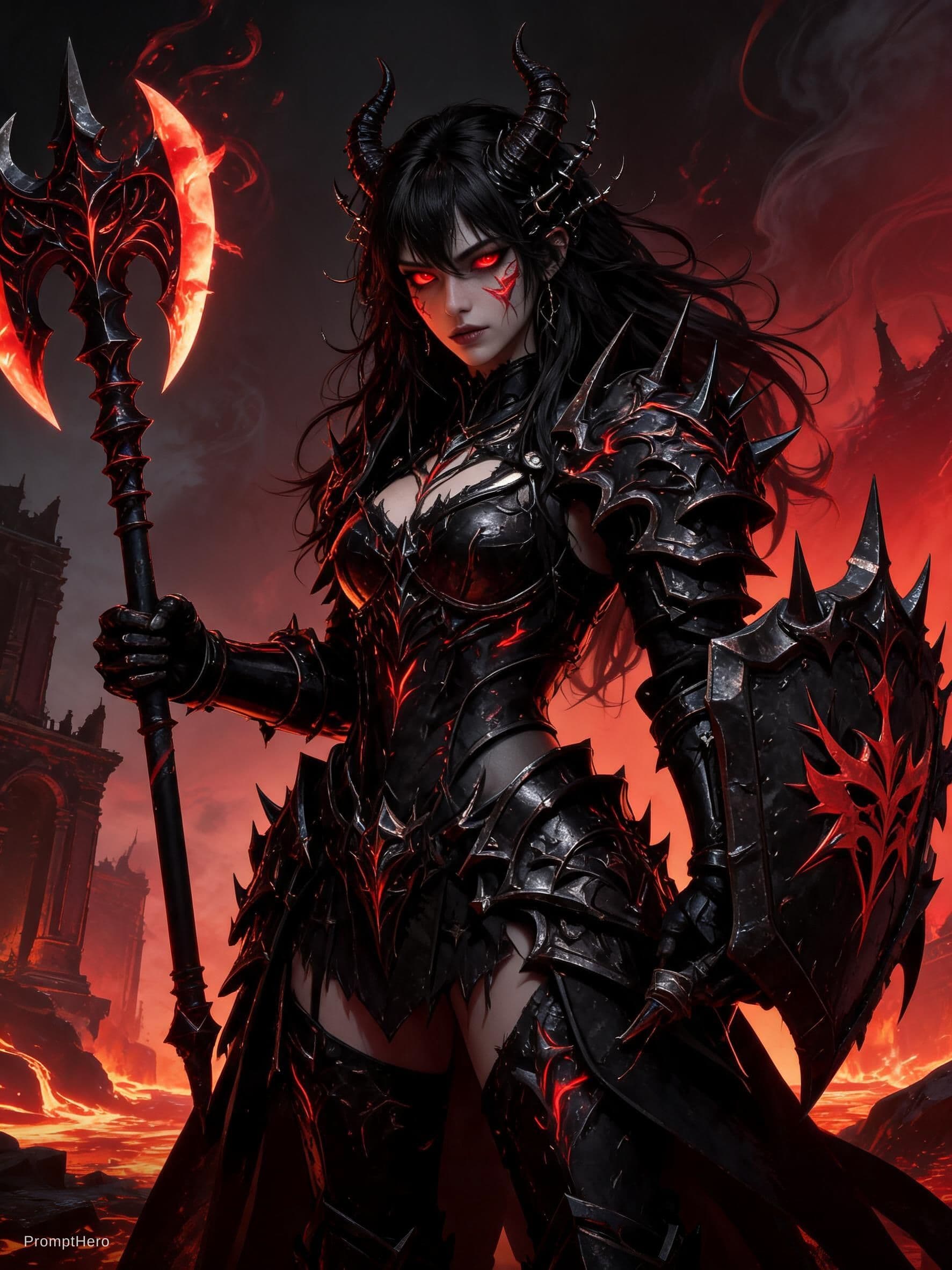 AI generated: An ultra-realistic, full-body portrait of a mesmerizing demon knight woman, her pose both powerful a...