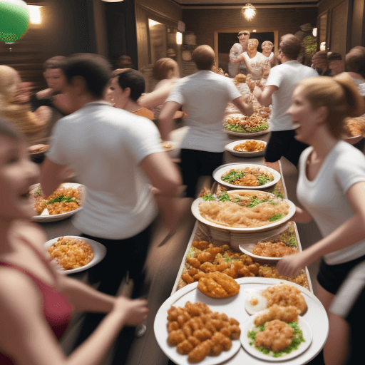 AI generated: a realistic shot of a group of people running behind food at a party
