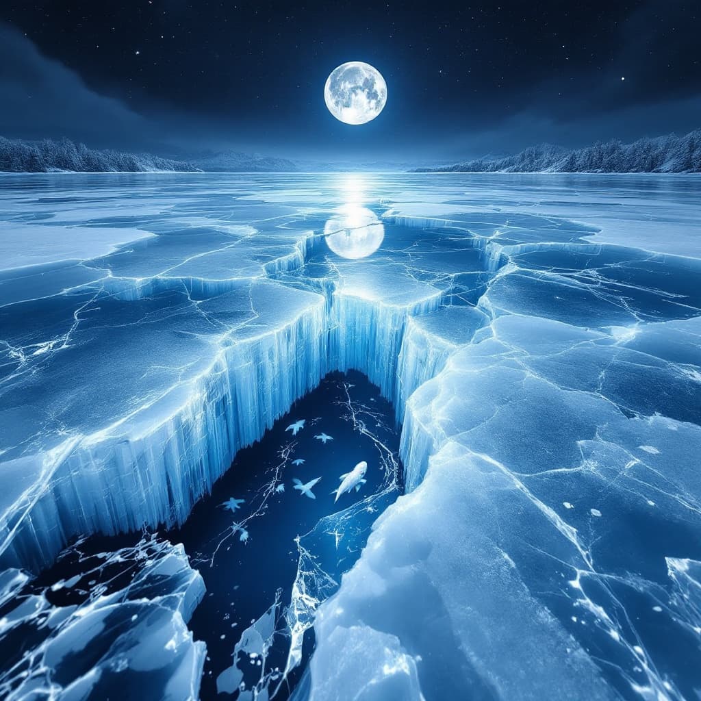 AI generated: looking straight  down on a highly reflective ice on lake which greatly fractured showing the full m...