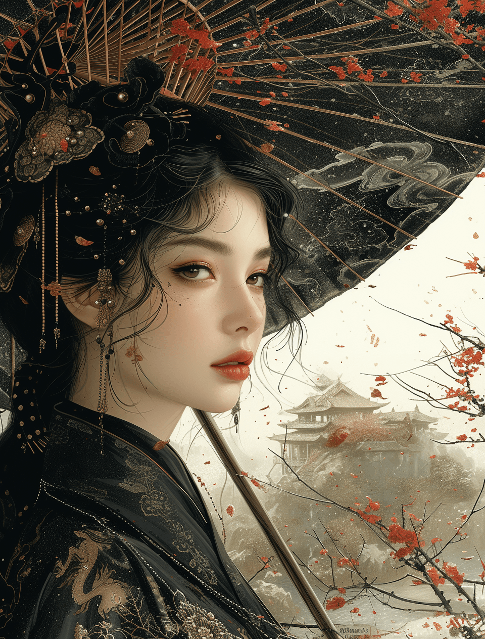 AI generated: an illustration of a woman with a hat and umbrella in chinese traditional dress, in the style of sof...