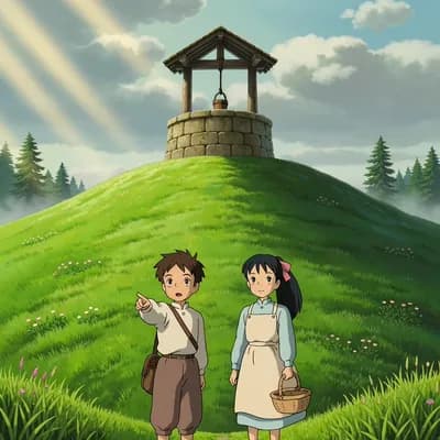 AI generated video: a highly detailed matte painting of a young boy and girl at the bottom of a huge hill and at the top...