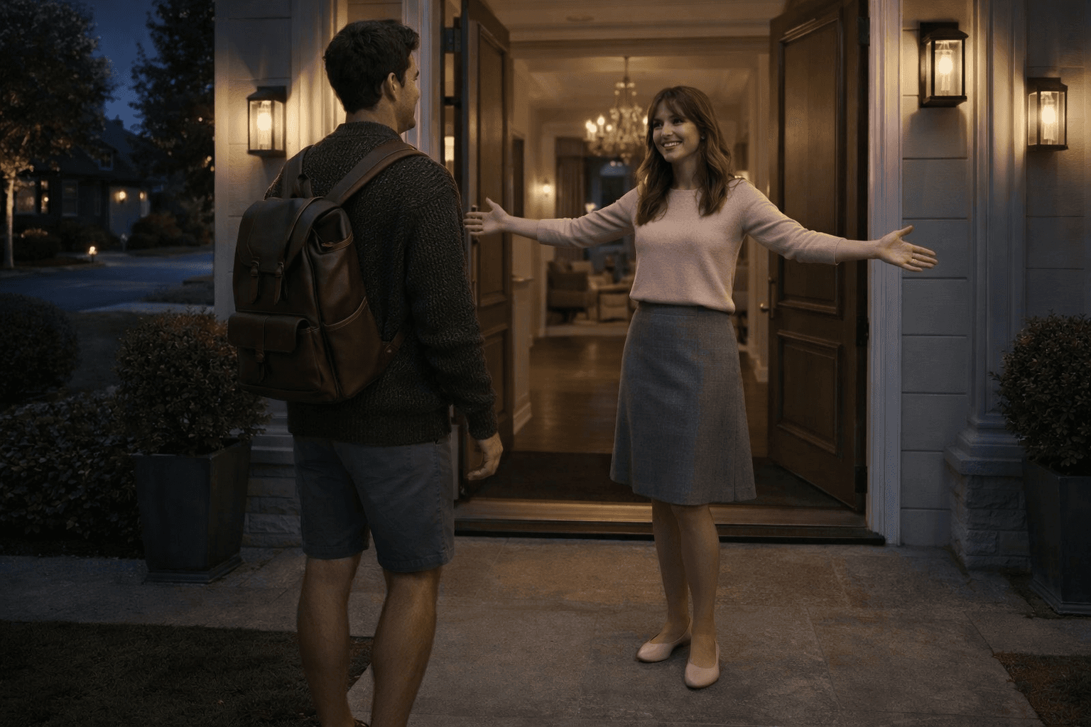 AI generated: At night, the model is at the main door of a beautiful residence at a nice neighborhood. The main do...