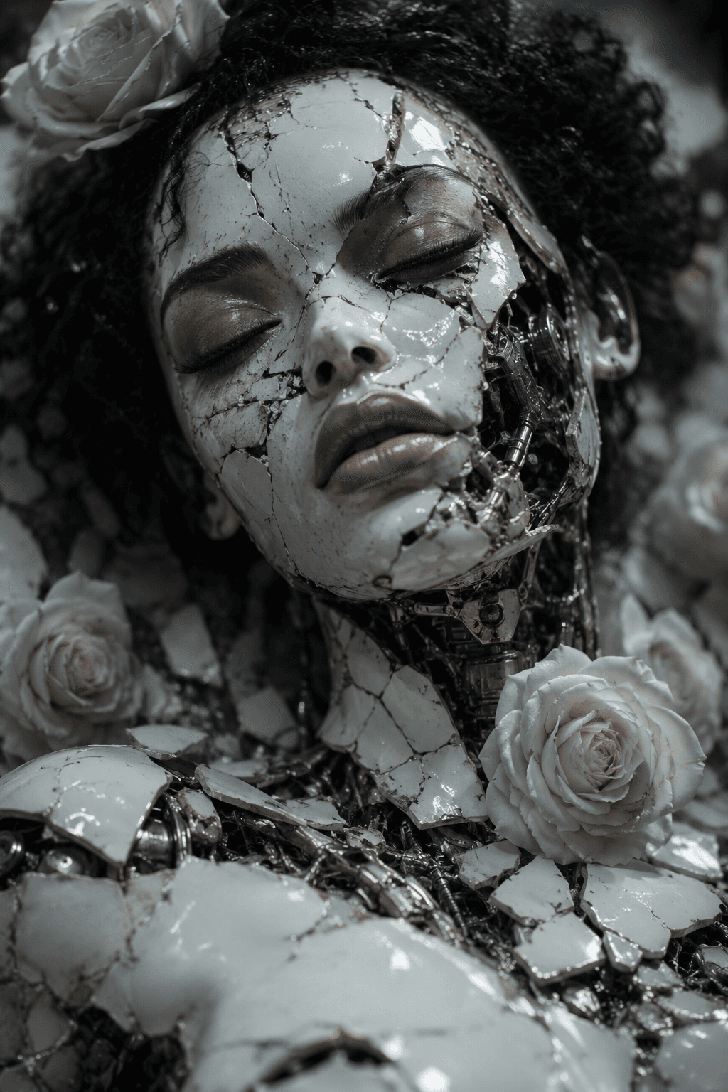 AI generated: Death of a beautiful humanoid female,  close up of a broken android, digital art, cracked porcelain ...