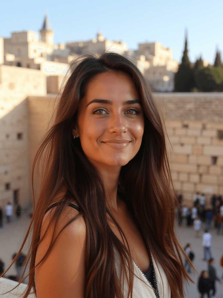 AI generated: A woman with long, straight brown hair stands outdoors in a sunlit historic setting, smiling warmly ...