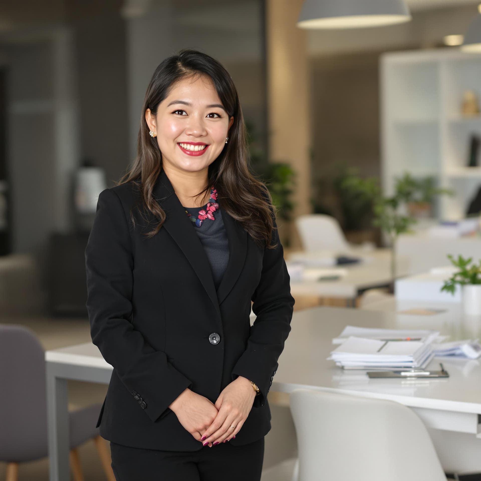AI generated: asian woman in all black business professional attire, office as background