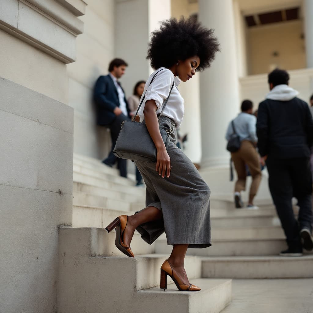 AI generated: A clear photo side profile of a black lady, a full afro hairstyle, wearing heels and climbing up wid...