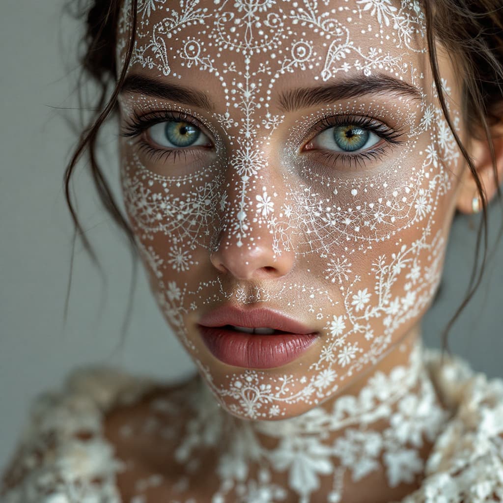 AI generated: the whole face, shoulders and chest are pierced with openwork threads in the style of Ukrainian nati...