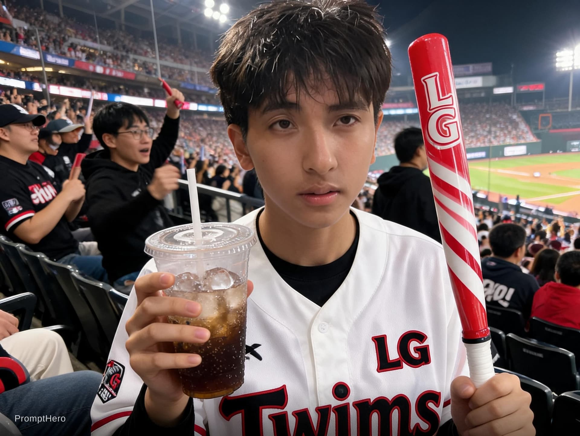 AI generated: Create an ultra-realistic candid KBO baseball broadcast screenshot of the same woman accidentally ca...