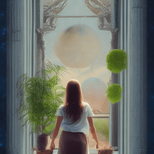 AI generated: A beautiful girl is looking forward in a building window, half-open, half-faced, wearing glasses, in...