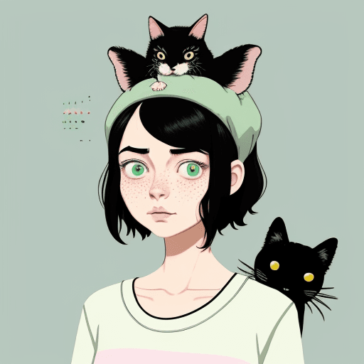 AI generated: An illustration of a quirky girl with black hair, in the style of Flat shading, Gemma Correll, with ...