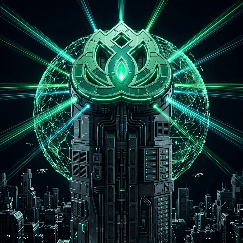 AI generated: Futuristic server node tower pulsing with energy,
  network connections radiating outward as light b...