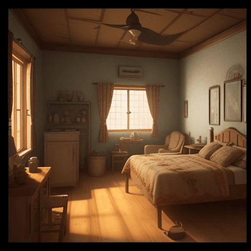 AI generated: An inside view of the elderly farmer’s home with basic furnishings and a warm atmosphere. in 3d Pixa...