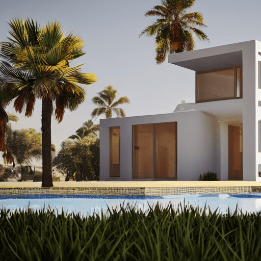 AI generated: small modern villa, cubic architecture, Bauhaus style mix to white Islamic architecture, small villa...