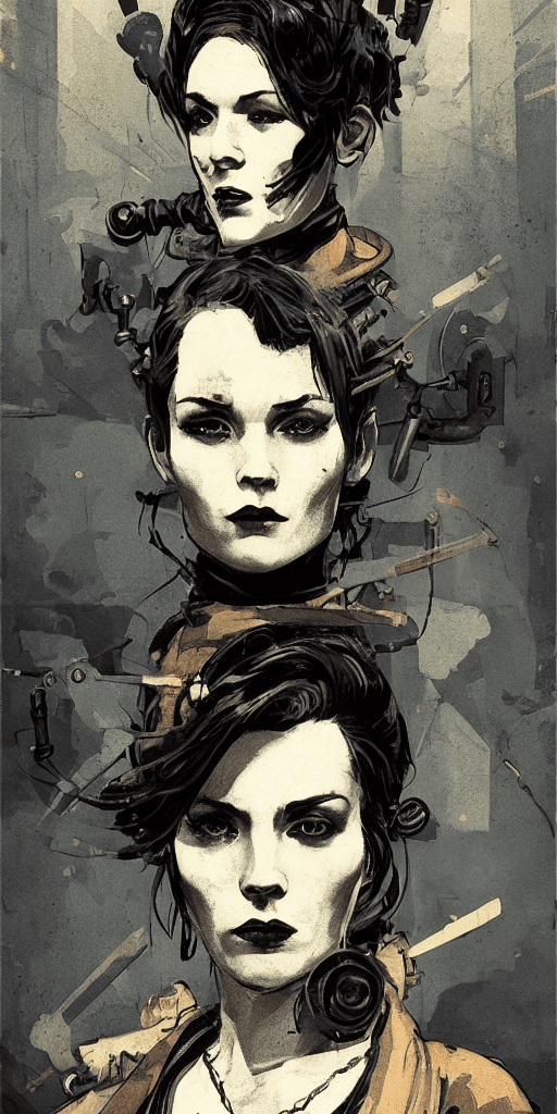 AI generated: Concept art of a beautiful female industrial 1900s gangster   in the style of Ashley Wood , Sam Webe...