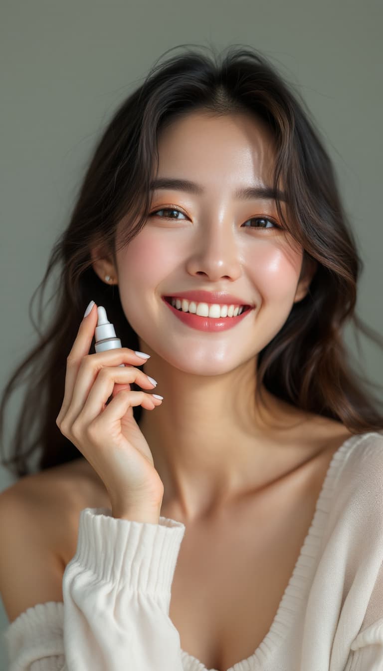 AI generated: Skincare photography, in muji style, zoomed out shot, Japan model with happiness expression, she is ...