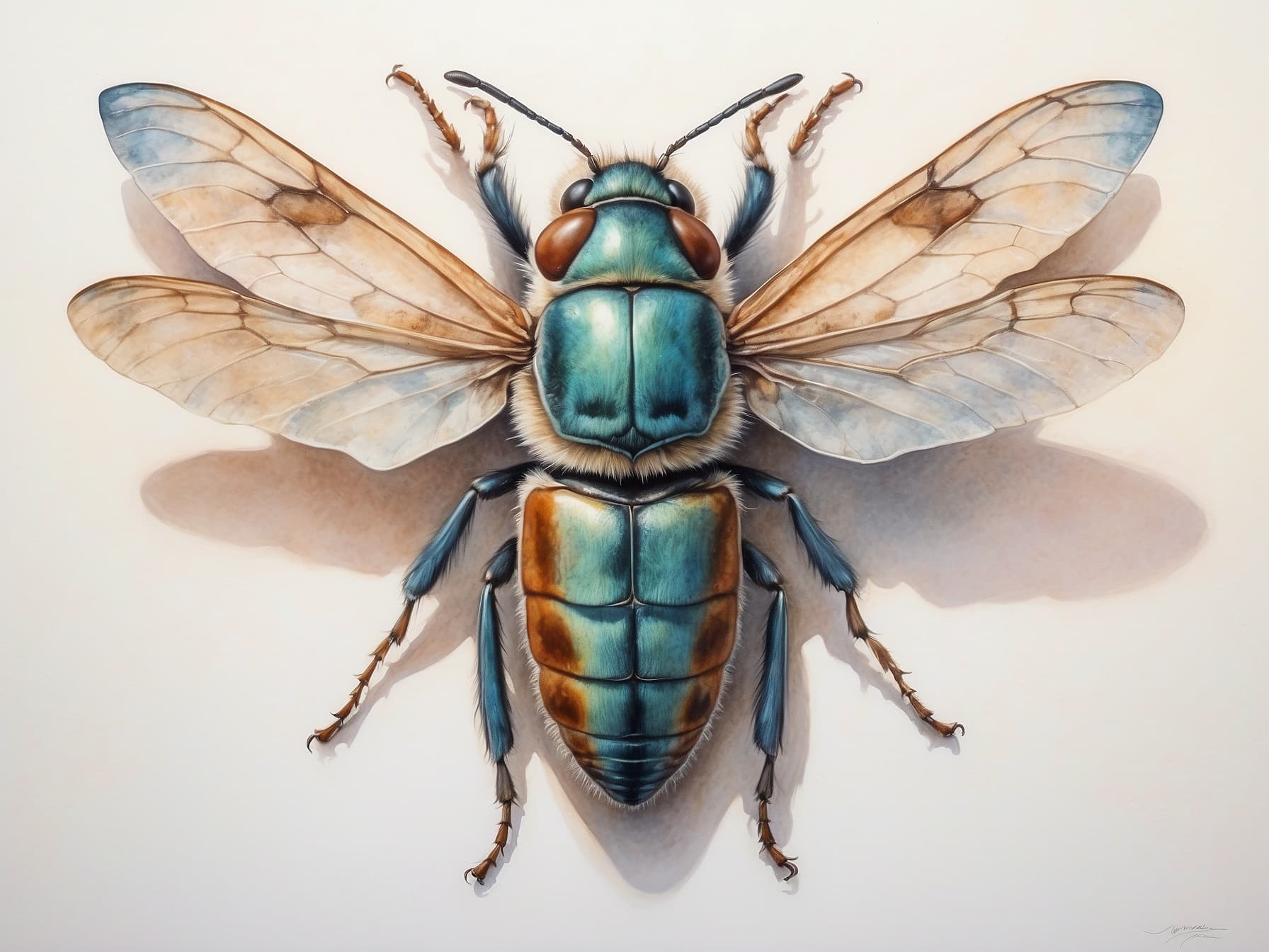 AI generated: a blue and brown insect on a white background, an airbrush painting by Marco Mazzoni, featured on cg...