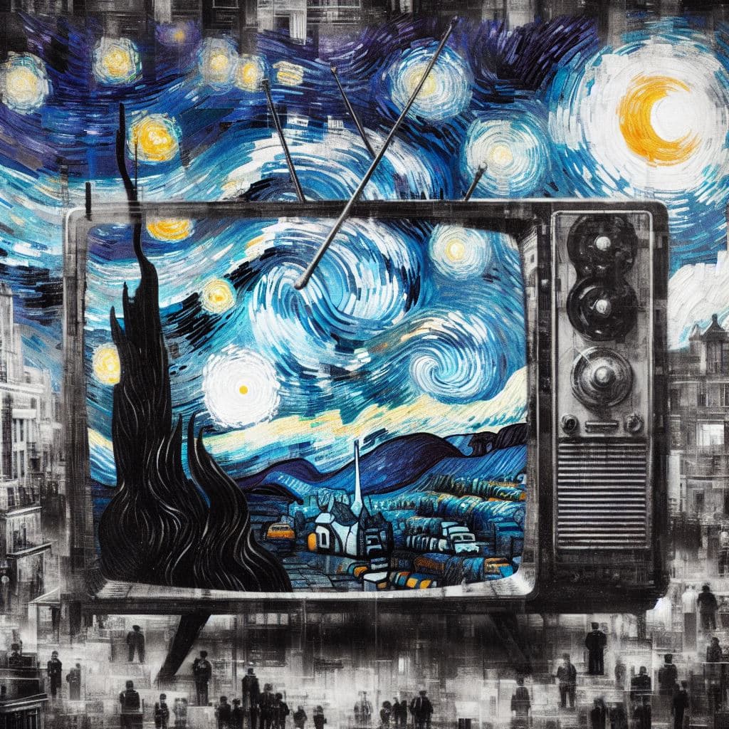 AI generated: double exposure (abstract painting of a TV set, in the style of van Gogh, b/w) (I'm just as annoyed ...