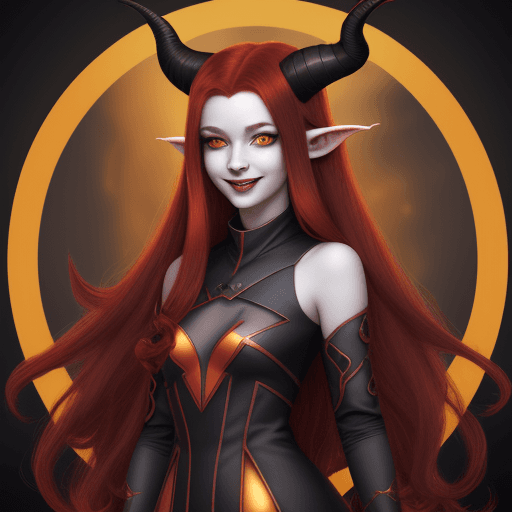 AI generated: Tiefling younger woman in a futuristic dress, full body potrait. Long dark red hair with two dark ho...