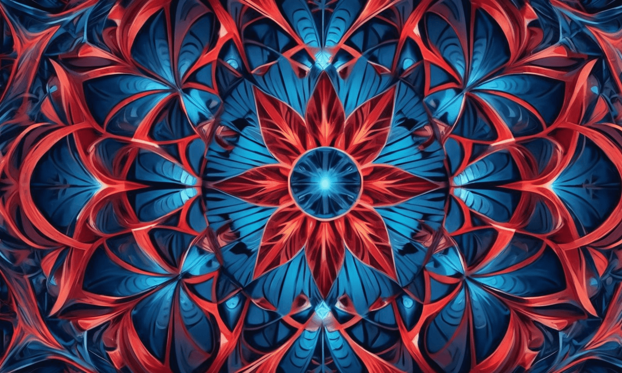 AI generated: an infinite fractal of geometric shapes, perspective, horizontal and vertical symmetry, red and blue