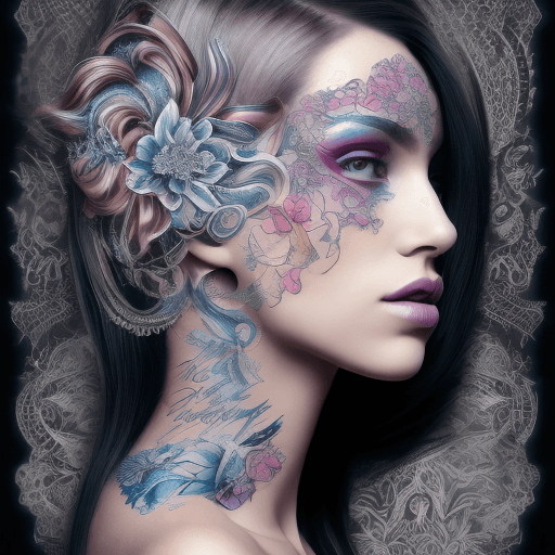 AI generated: beauty beauty model tattoo designs by karimah, hair coloring for a woman, in the style of silkscreen...