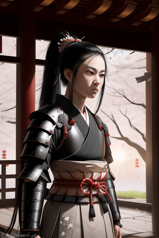 AI generated: Young Samurai with long black hair and ponytail, wearing samurai armor, standing in a Japanese templ...