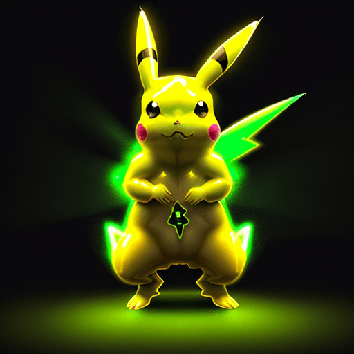 AI generated: Incredible angle view of a beautiful full body translucent green cannabic pikachu, bright color, poi...
