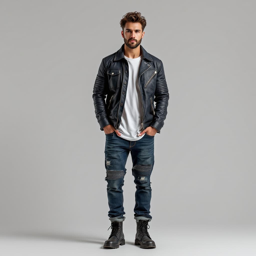 AI generated: make a picture of complete men wearing a biker jacket with white tee and distressed jeans in dark-wa...