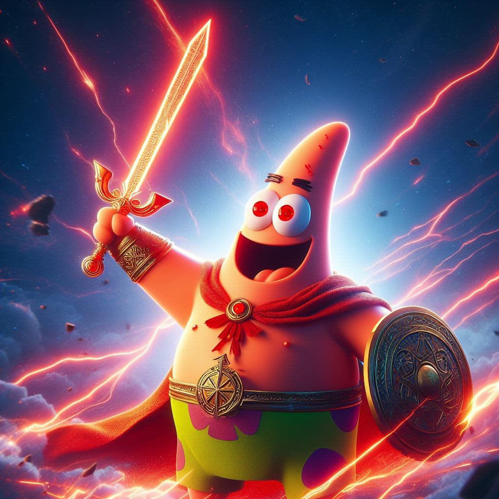AI generated: Patricio Estrella is the mightiest god using his sword, red eyes, heroic pose, divine and celestial ...