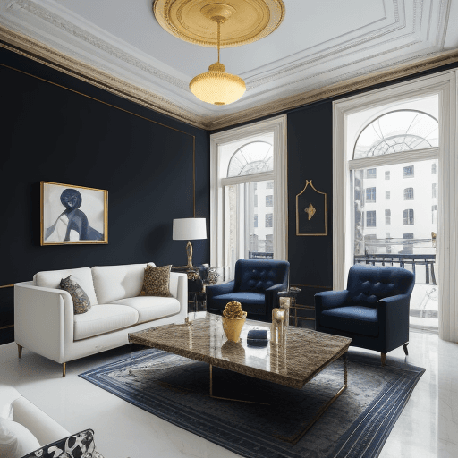 AI generated: high resolution photography interior design, fabric dark blue living room armchairs with small red f...