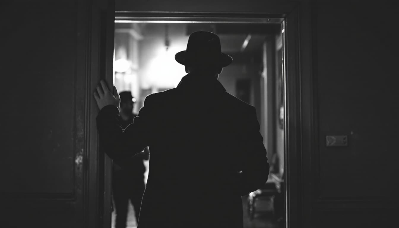 AI generated:  high definition black n white - camera shot from behind- man wearing black coat and  hat opens a do...