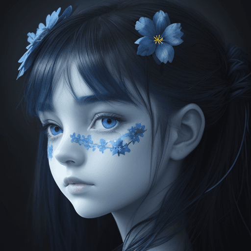 AI generated: a beautiful picture of a girl with blue flowers on her face, in the style of monochromatic paintings...