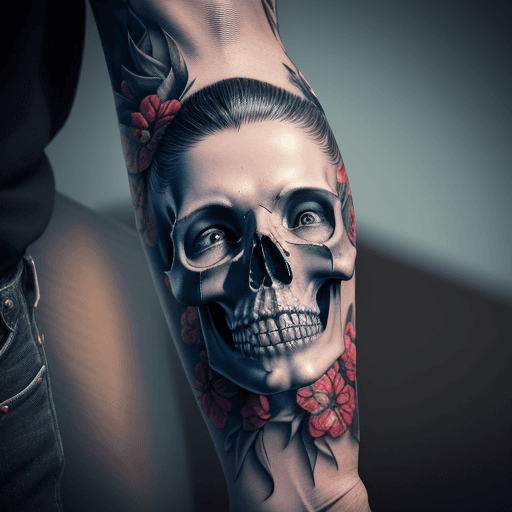 AI generated: a close up of a person with a tattoo on their arm, skull tattoo, detailed and realistic, 3 d design ...