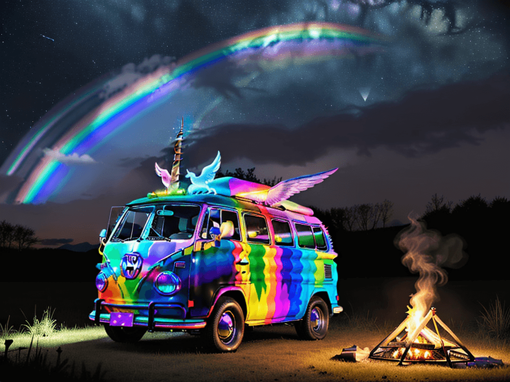 AI generated: rainbow VW bus with unicorn wings in front of campfire under stars