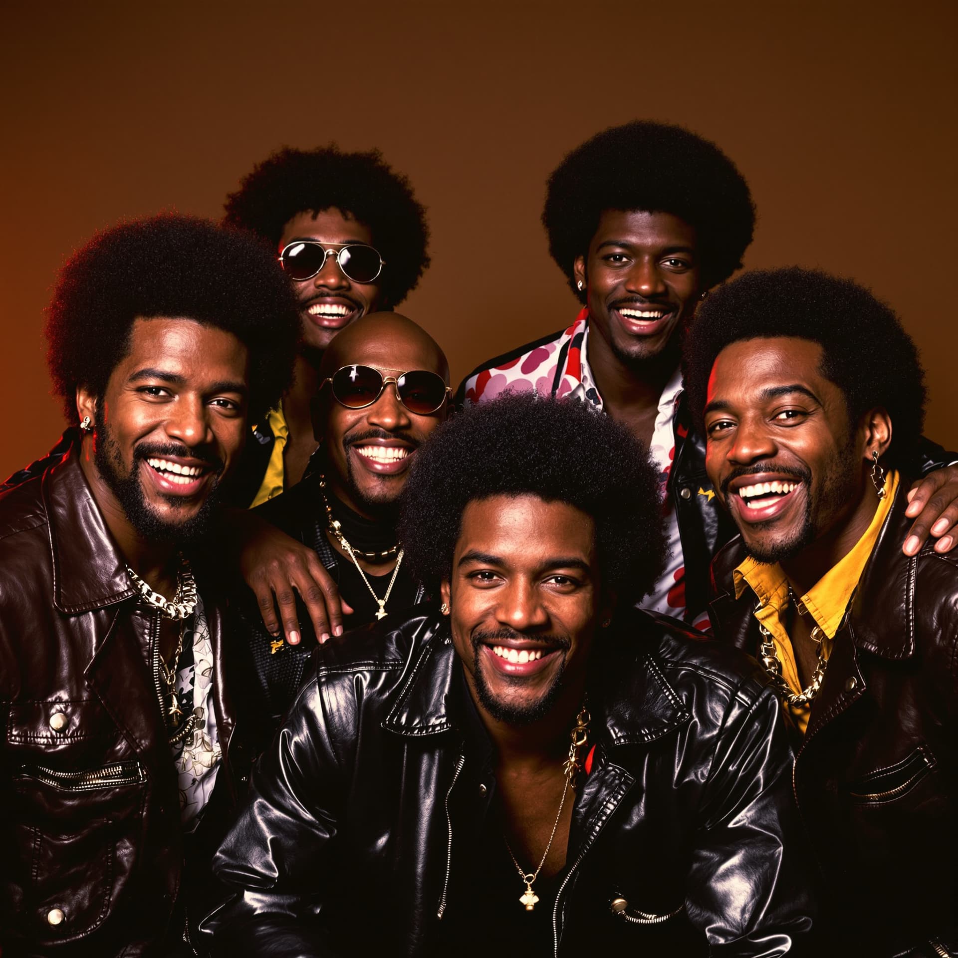 AI generated: 1980s funk and soul band, six stylish African-American men posing together for a promotional photo, ...