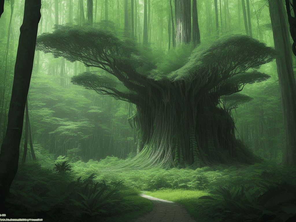 AI generated: anishinaabe woodlands forrestscape, (giant spiderweb stretching between two trees), hidden in the fo...