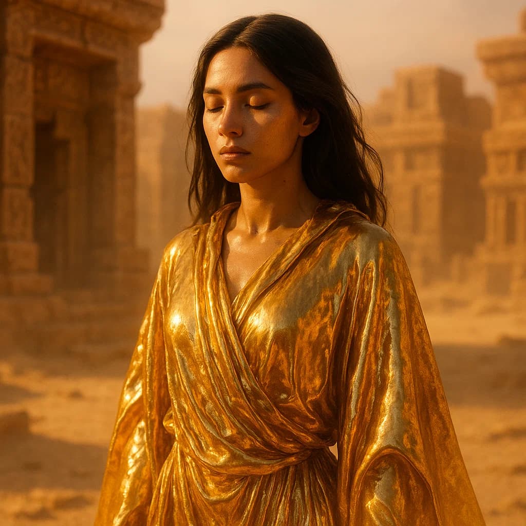 AI generated: A photo of a hyper-realistic 3D character bathed in golden sunlight. The character has long, dark ha...