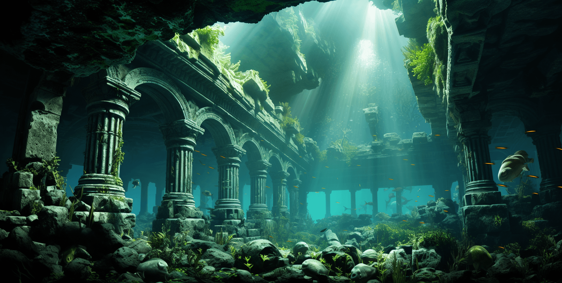 AI generated: color photo of an ancient temple discovered deep underwater, part of the lost city of Atlantis. The ...