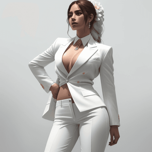 AI generated: chica  blanca , vista de cuerpo entero,  luciendo un traje sastre totalmente blanco, el el pecho tie...