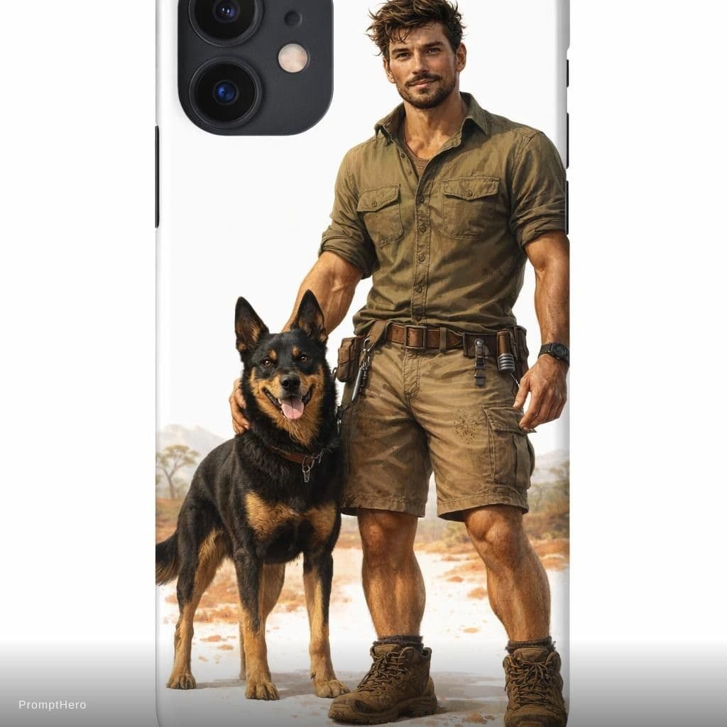 AI generated: Create a striking, realistic illustration for a men's phone case, featuring an Australian man with h...