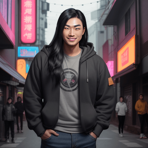 AI generated: An Asian man with medium to long hair, handsome face, thick eyebrows, black brown eyes, smiling, wea...