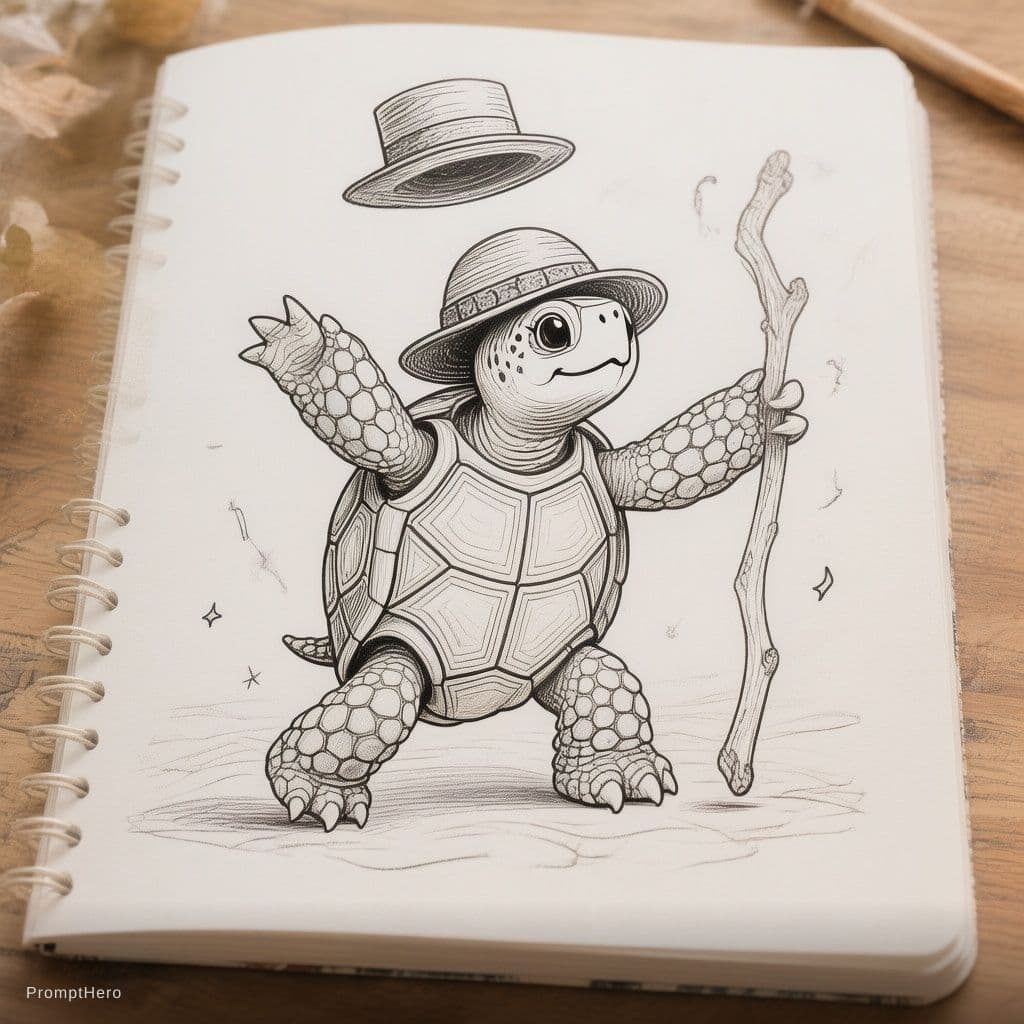 AI generated: Full background image from a blank coloring book showing a simple turtle dancing with a hat and a st...