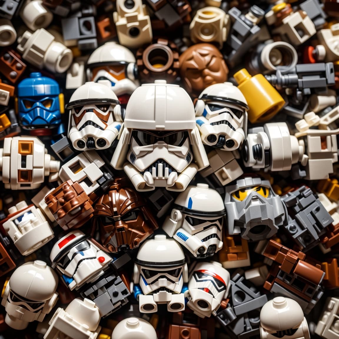 AI generated: photo of a pile of lego star wars minifigure heads of all different type, lego body parts packed tig...
