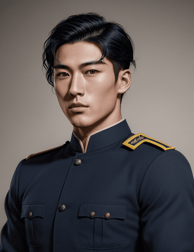 AI generated: A photorealistic portrait of a handsome Japanese soldier, 24 years old, with short, wavy dark blue h...